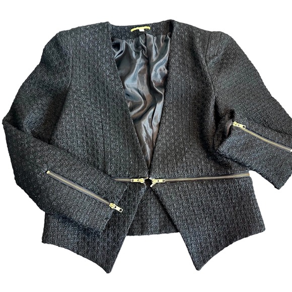 Gianni Bini Jackets & Blazers - GIANNI BINI Women's L Black Tweed Cocktail Jacket with Edgy Gold Zipper Details